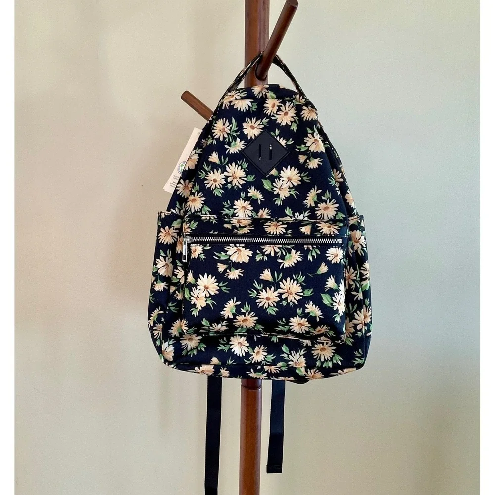 No Boundaries Floral Daisy Backpack Black Recycled Canvas School‎ Travel Bag NWT